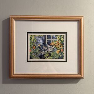 Vtg Watercolor Painting Gray Tabby Cat Garden Matted Wood Framed Wall Art 90s